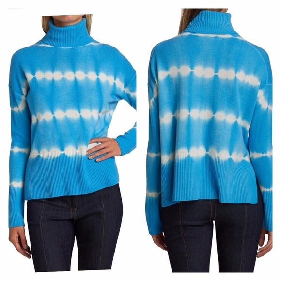 CINQ A SEPT | Kenny Tie Dye Merino Wool Cashmere Turtleneck Azure Blue - Picture 1 of 6